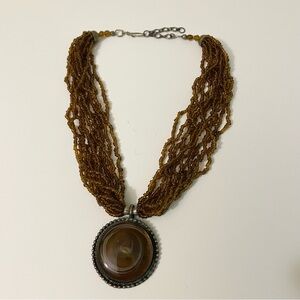 Vintage Boho Multi-Strand Seed Bead Necklace with Banded Agate Pendant